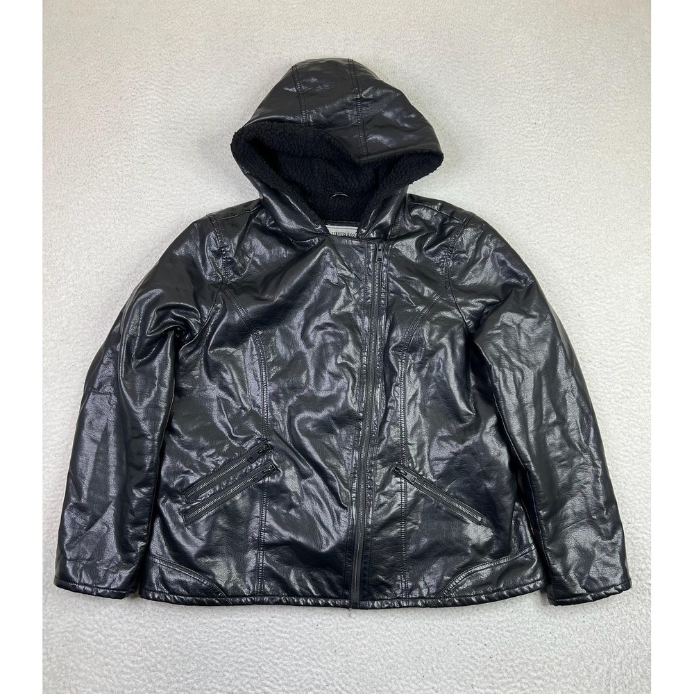 Levis Jacket Womens XXL Black Faux Leather Hooded Sherpa Lined Winter Coat